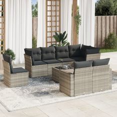 Salon de jardin 9 pcs avec coussins gris clair résine tressée