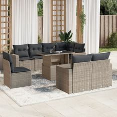 Salon de jardin 9 pcs avec coussins gris clair résine tressée