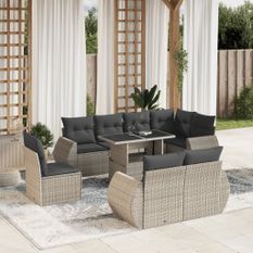 Salon de jardin 9 pcs avec coussins gris clair résine tressée