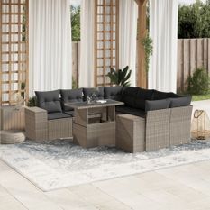 Salon de jardin 9 pcs avec coussins gris clair résine tressée