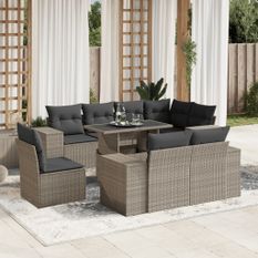 Salon de jardin 9 pcs avec coussins gris clair résine tressée