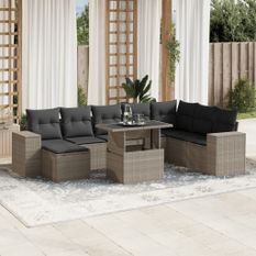 Salon de jardin 9 pcs avec coussins gris clair résine tressée