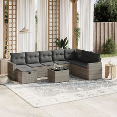 Salon de jardin 9 pcs avec coussins gris clair résine tressée