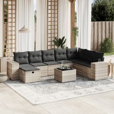 Salon de jardin 9 pcs avec coussins gris clair résine tressée