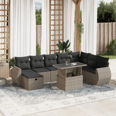 Salon de jardin 9 pcs avec coussins gris clair résine tressée