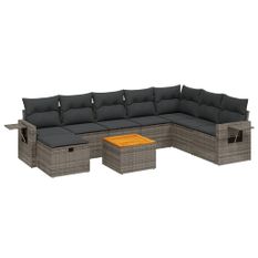 Salon de jardin 9 pcs avec coussins gris résine tressée