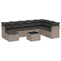 Salon de jardin 9 pcs avec coussins gris résine tressée