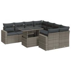Salon de jardin 9 pcs avec coussins gris résine tressée