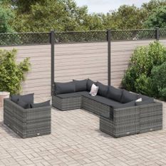 Salon de jardin 9 pcs avec coussins gris résine tressée