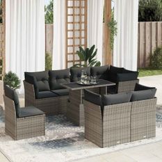 Salon de jardin 9 pcs avec coussins gris résine tressée