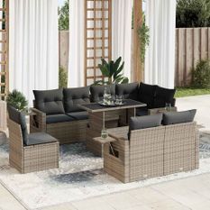 Salon de jardin 9 pcs avec coussins gris résine tressée