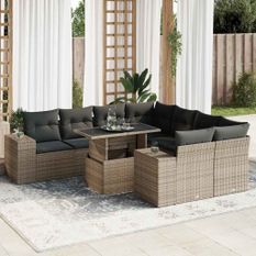 Salon de jardin 9 pcs avec coussins gris résine tressée