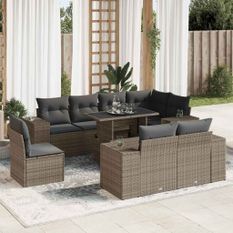 Salon de jardin 9 pcs avec coussins gris résine tressée