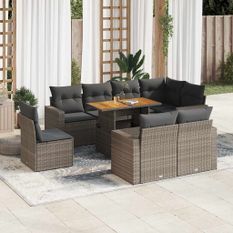 Salon de jardin 9 pcs avec coussins gris résine tressée