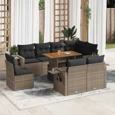 Salon de jardin 9 pcs avec coussins gris résine tressée