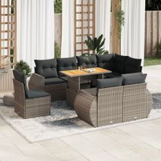 Salon de jardin 9 pcs avec coussins gris résine tressée