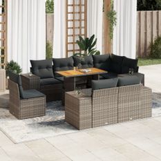 Salon de jardin 9 pcs avec coussins gris résine tressée