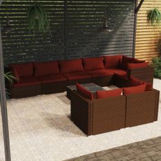 Salon de jardin 9 pcs avec coussins Marron Résine tressée