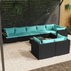 Salon de jardin 9 pcs avec coussins Noir Résine tressée