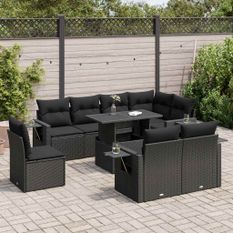 Salon de jardin 9 pcs avec coussins noir résine tressée