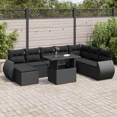 Salon de jardin 9 pcs avec coussins noir résine tressée