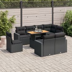 Salon de jardin 9 pcs avec coussins noir résine tressée