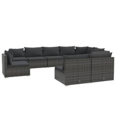Salon de jardin 9 pcs avec coussins Résine tressée Gris 17