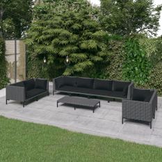 Salon de jardin 9 pcs avec coussins Résine tressée Gris foncé