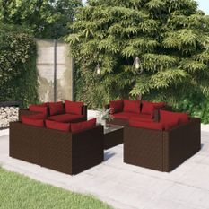 Salon de jardin 9 pcs avec coussins résine tressée marron