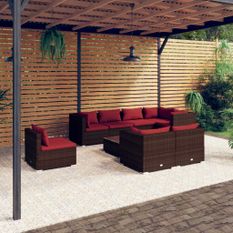 Salon de jardin 9 pcs avec coussins Résine tressée Marron