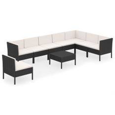 Salon de jardin 9 pcs avec coussins Résine tressée Noir 81