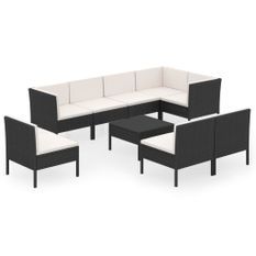 Salon de jardin 9 pcs avec coussins Résine tressée Noir 79