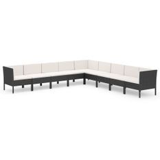Salon de jardin 9 pcs avec coussins Résine tressée Noir 52