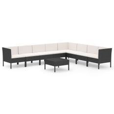 Salon de jardin 9 pcs avec coussins Résine tressée Noir 58