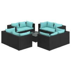 Salon de jardin 9 pcs avec coussins Résine tressée Noir 24