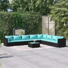 Salon de jardin 9 pcs avec coussins Résine tressée Noir