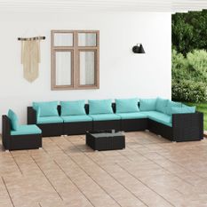 Salon de jardin 9 pcs avec coussins Résine tressée Noir