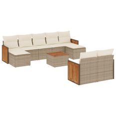 Salon de jardin avec coussins 10 pcs beige résine tressée