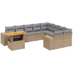 Salon de jardin avec coussins 10 pcs beige résine tressée