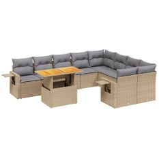 Salon de jardin avec coussins 10 pcs beige résine tressée