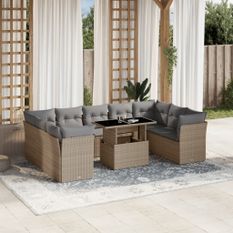 Salon de jardin avec coussins 10 pcs beige résine tressée