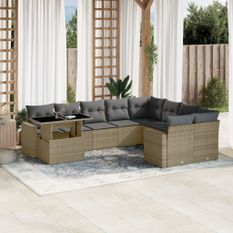 Salon de jardin avec coussins 10 pcs beige résine tressée