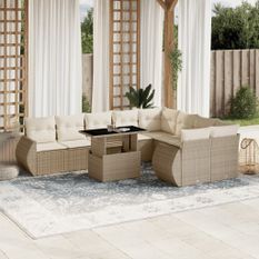 Salon de jardin avec coussins 10 pcs beige résine tressée