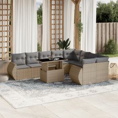 Salon de jardin avec coussins 10 pcs beige résine tressée