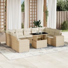 Salon de jardin avec coussins 10 pcs beige résine tressée