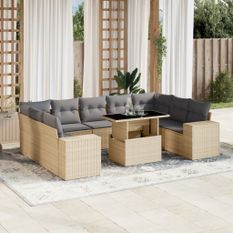 Salon de jardin avec coussins 10 pcs beige résine tressée