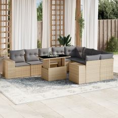 Salon de jardin avec coussins 10 pcs beige résine tressée