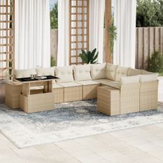 Salon de jardin avec coussins 10 pcs beige résine tressée