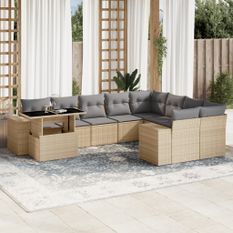 Salon de jardin avec coussins 10 pcs beige résine tressée