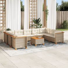 Salon de jardin avec coussins 10 pcs beige résine tressée